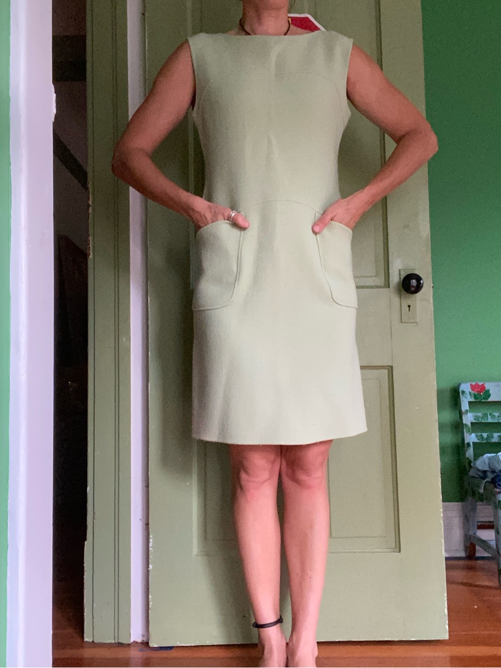 Vintage Emanuel Ungaro Sleeveless Light mint Green Pocket Shift Dress mod retro